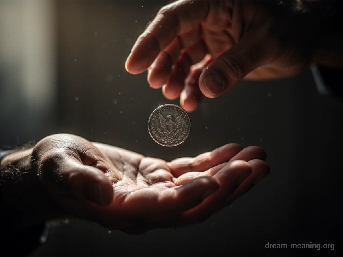 A coin falling from an open hand.