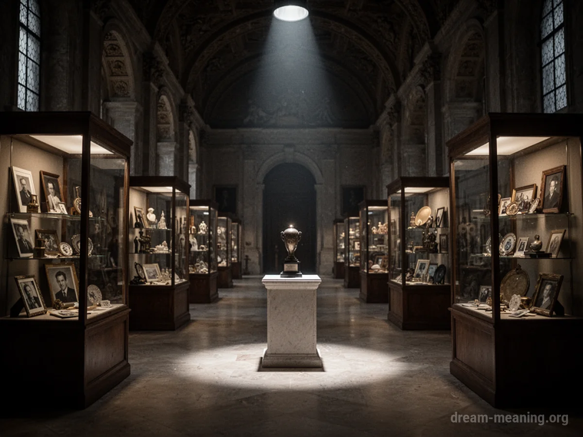 A museum hall filled with display cases and artifacts.
