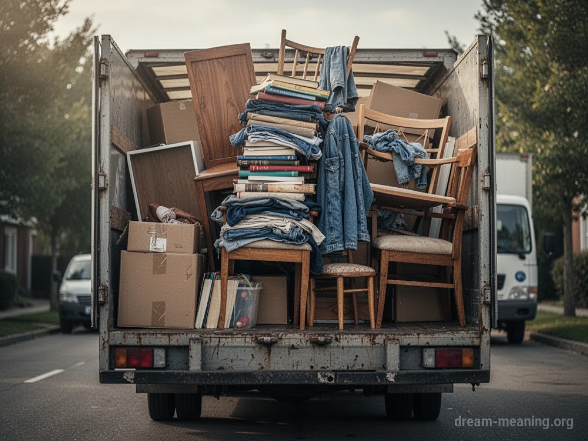 Stacks of household items on the back of a moving truck.