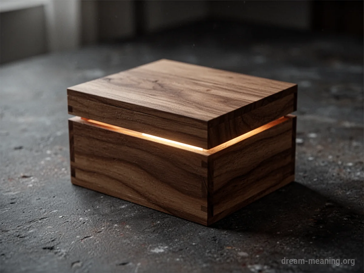 A closed wooden box with faint light escaping from its edges.