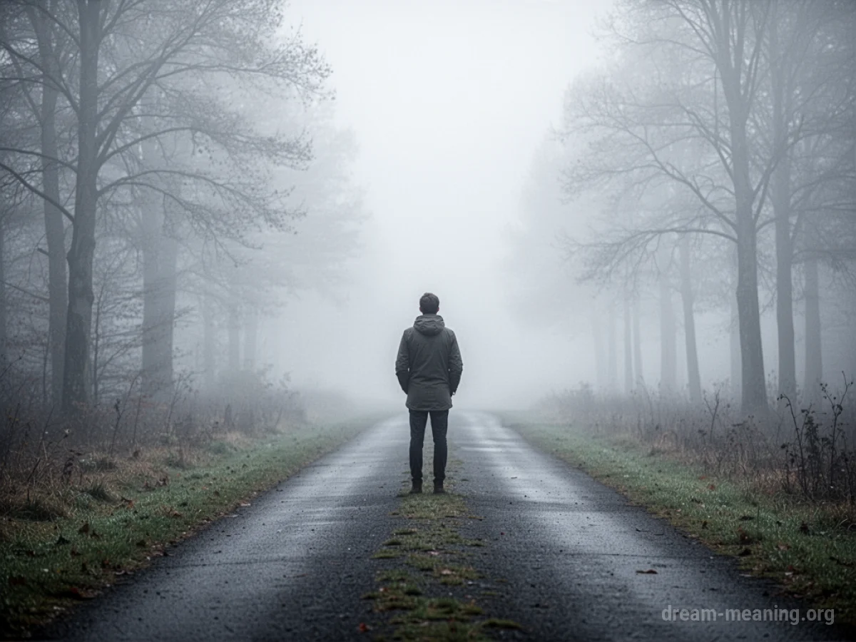 A person stands on a path disappearing into fog.