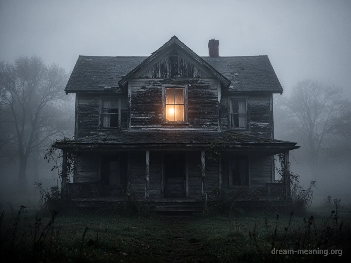 An old, dimly lit house shrouded in fog.