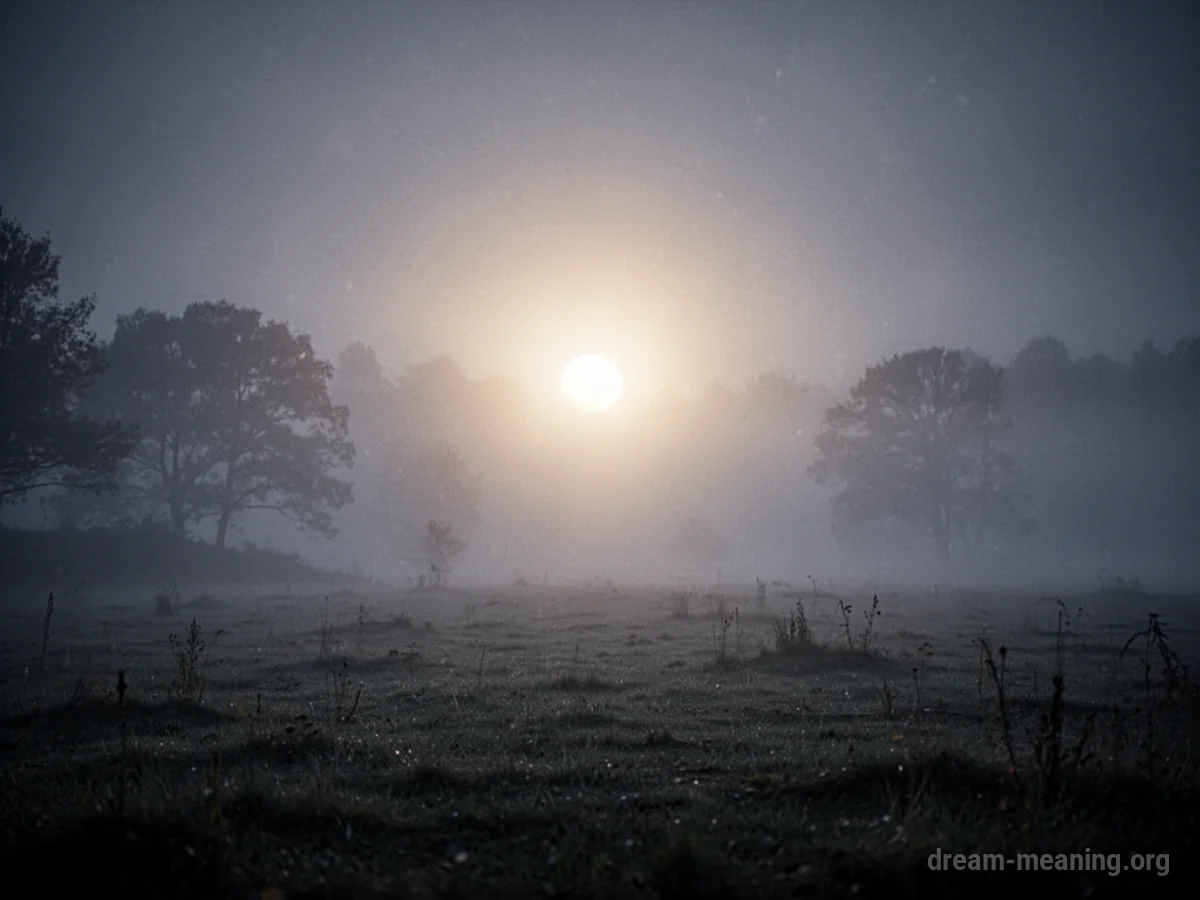 A faint glow appears in a dark, foggy environment.