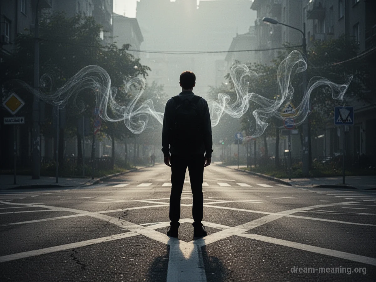 Silhouette of a person at a crossroads with faint wisps of light in the distance.