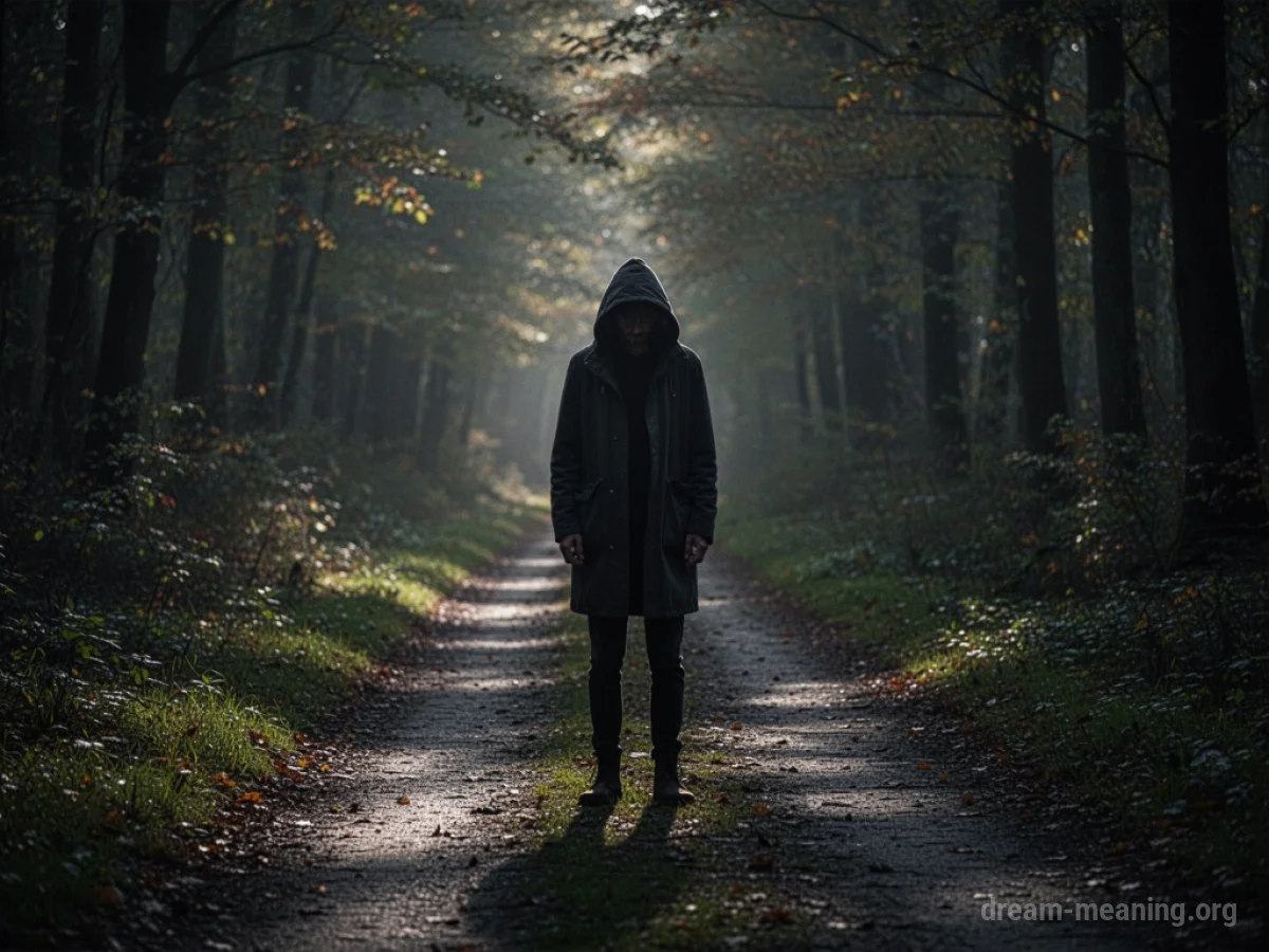 A shadowy figure stands at the entrance to a path.