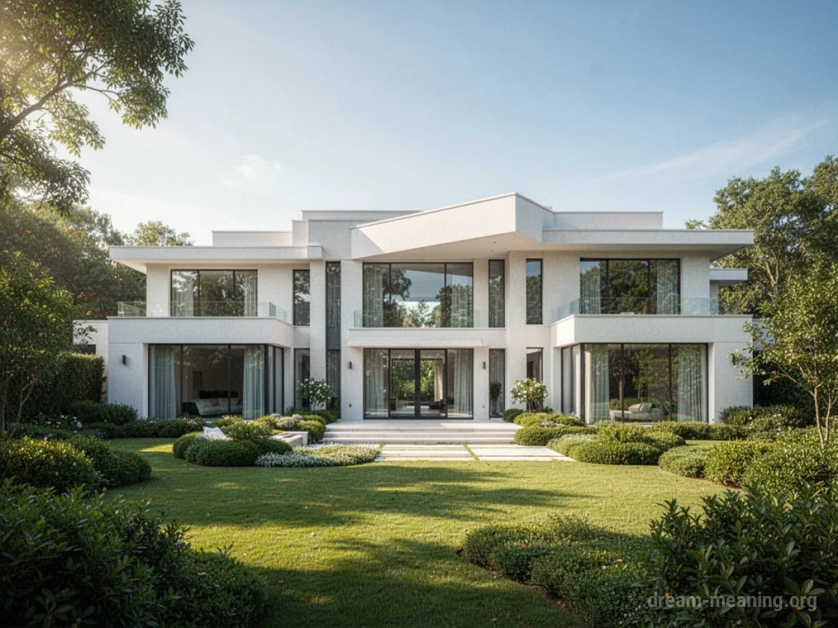 A large, modern mansion with green landscaping under a clear sky.