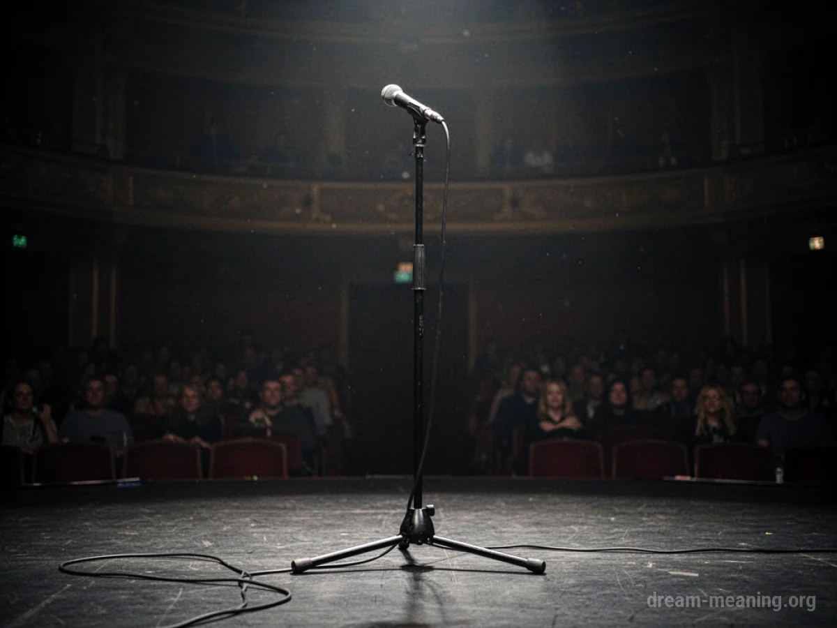 An empty microphone stand on a dimly lit stage.