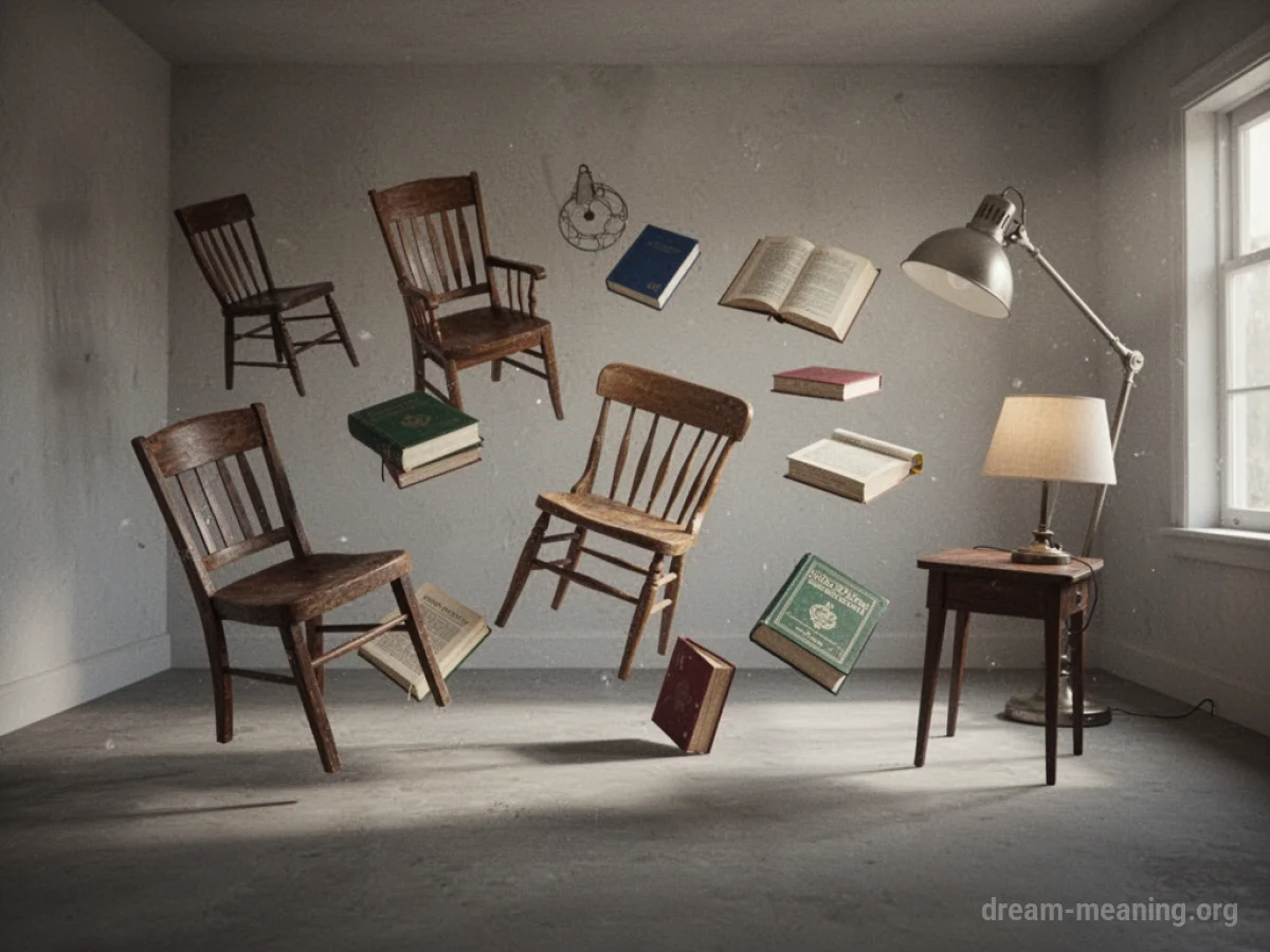 Various household objects are suspended or nudged in mid-air within an empty room.