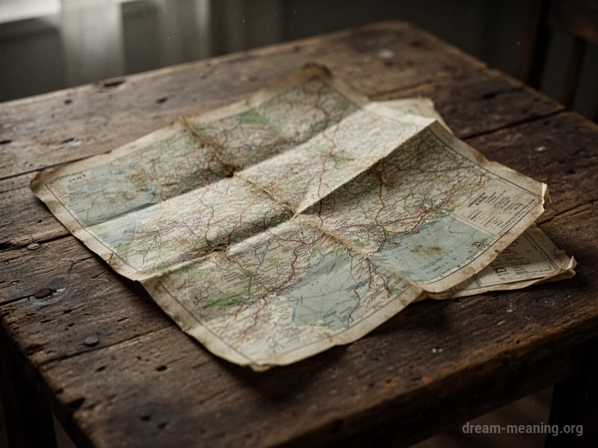 A close-up view of a worn, folded paper map.