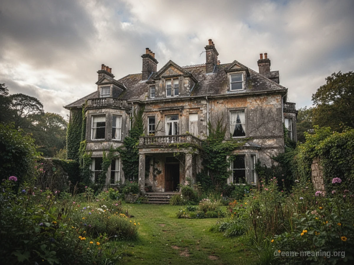 A large, weathered old mansion with ivy climbing its walls and a slightly overgrown garden.
