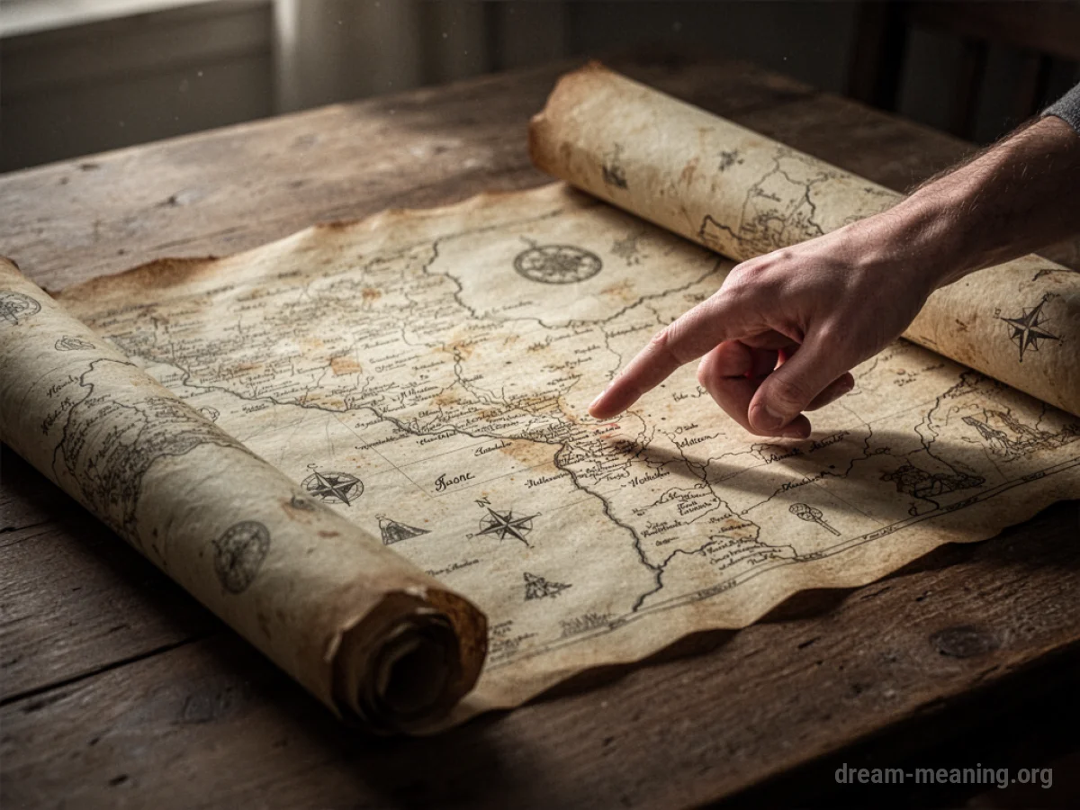 Close-up of an antique map on a wooden table.