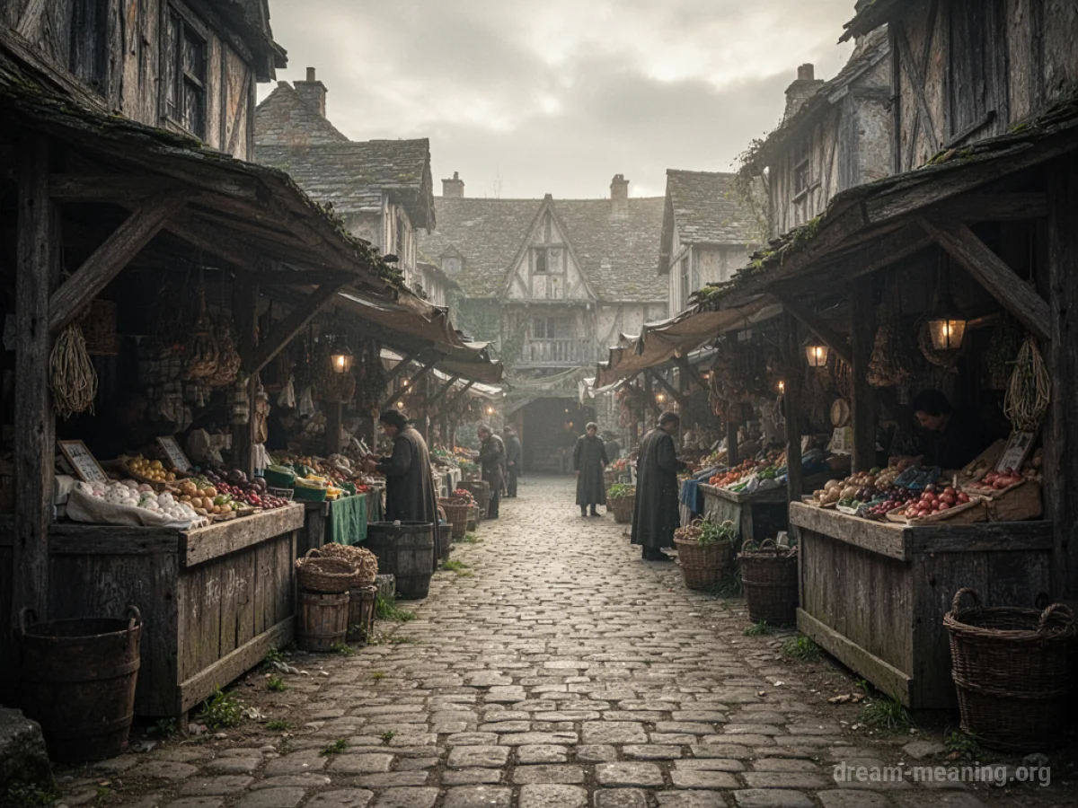 A dusty, vintage marketplace with empty wooden stalls and worn cobblestones.