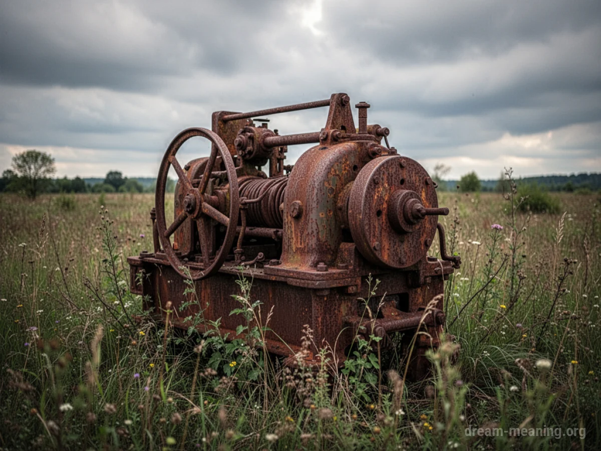 An old, rusted machine covered in moss and vines in an outdoor setting.