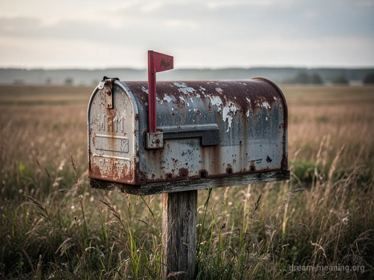 An aged, corroded metal mailbox standing in an open field.