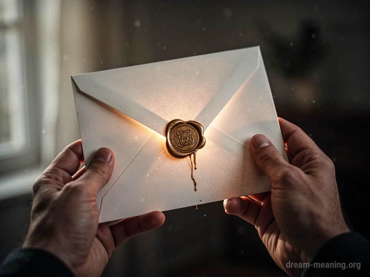 A hand holding an envelope with a glowing seal.
