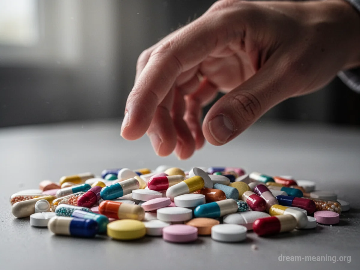 A hand hovering over a pile of pills.