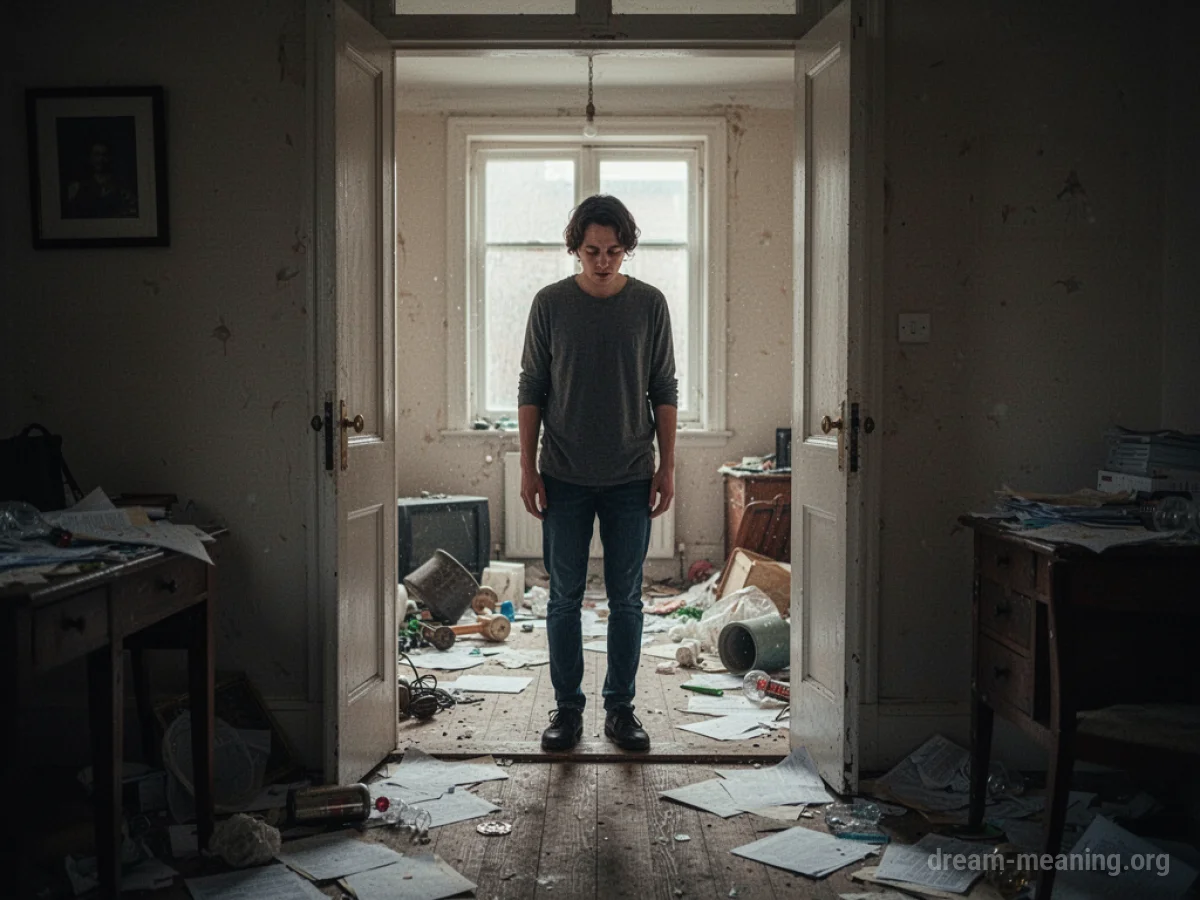 A person looks into a room filled with scattered items and disorganization.