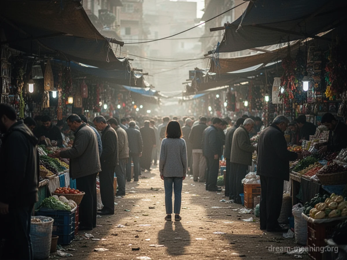 A lone figure dwarfed by a busy marketplace crowd.