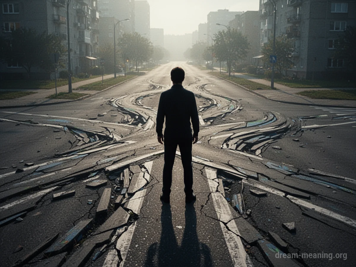 Silhouette of a person at a crossroads with fragmented paths.