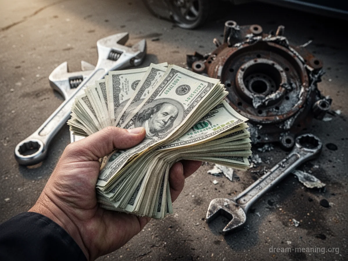 A hand holding many bills with a wrench and car part behind it.