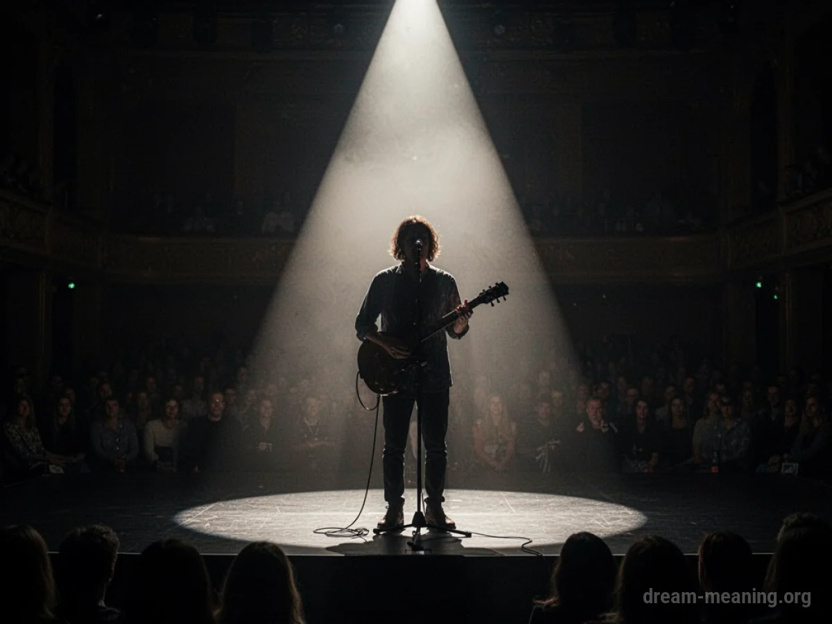 Silhouette of a musician on a stage under a spotlight.
