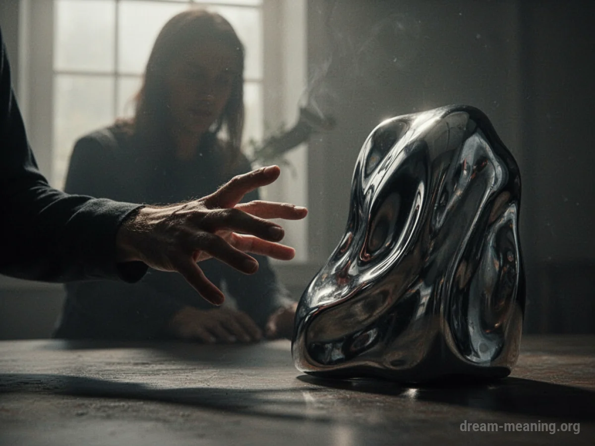 A shadowy figure's hand reaching towards a metal object that is bending and reshaping.