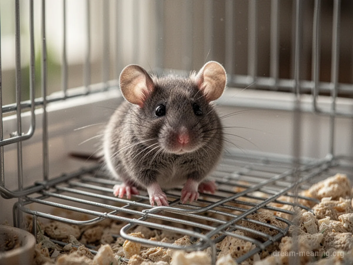 A small brown mouse inside a clear plastic cage.