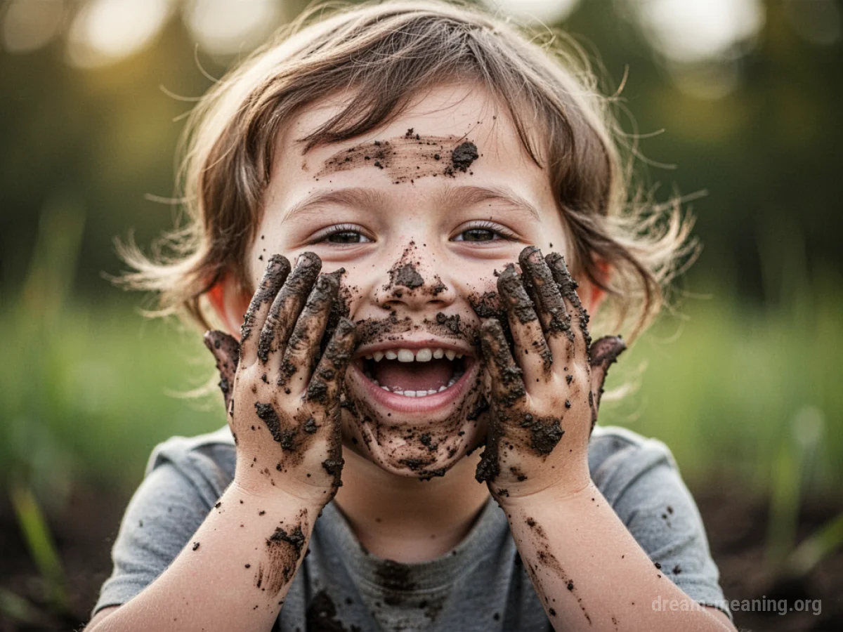 Child's hands covered in mud, smiling.