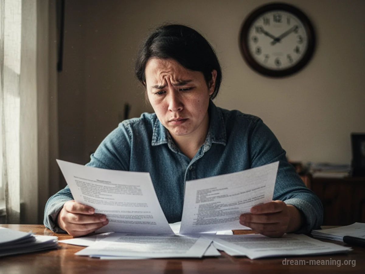 Person reviewing documents at a table with a clock in the background.