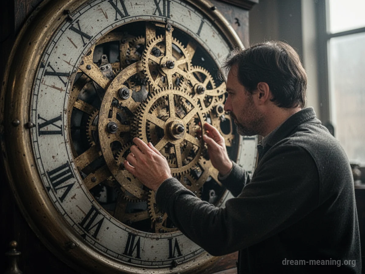 Close-up of a person's hands adjusting a gear in a large clock.