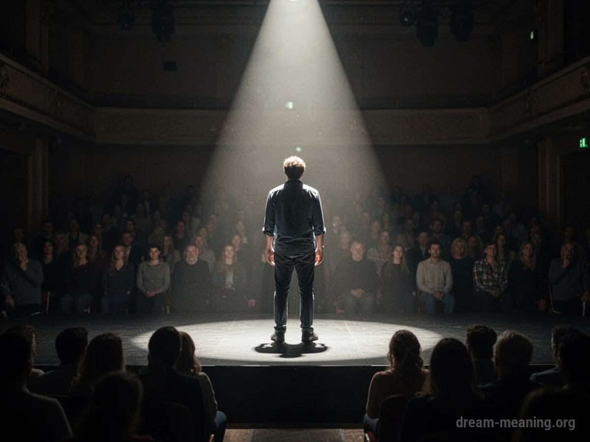 A person standing alone on a stage with a spotlight shining on them.