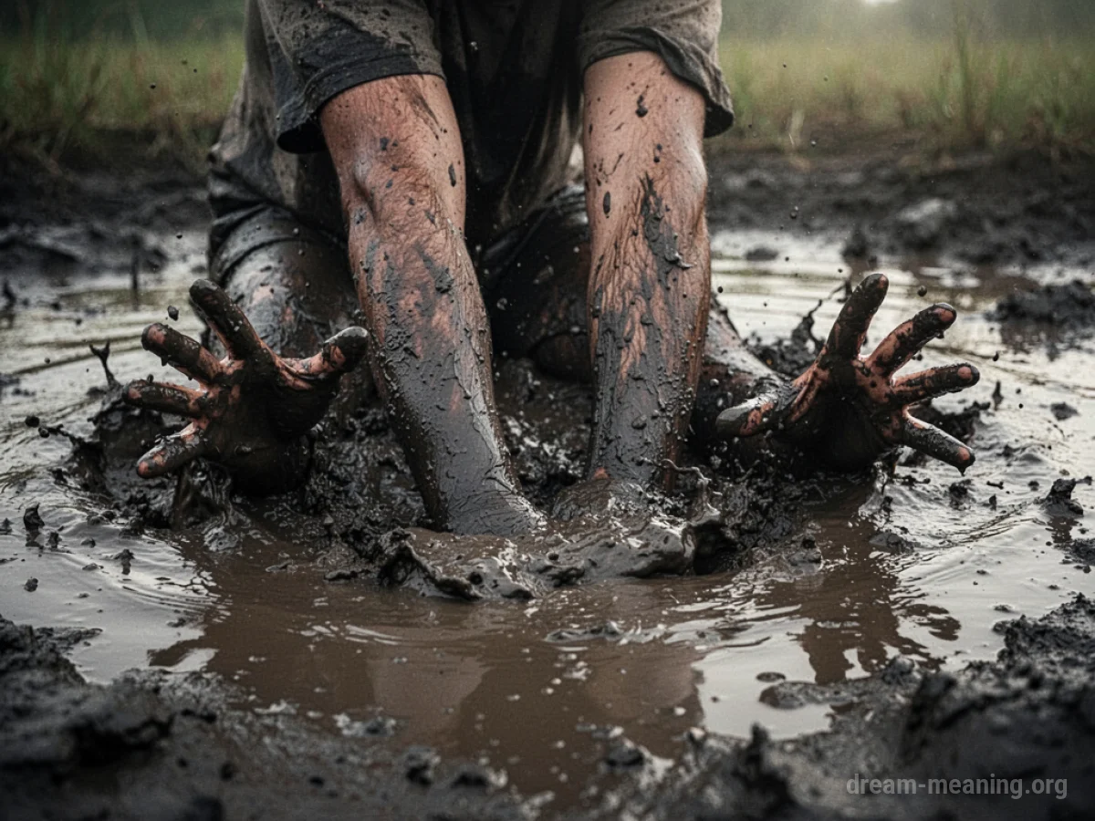 Legs and torso of a person stuck in dark mud, with hands barely visible.