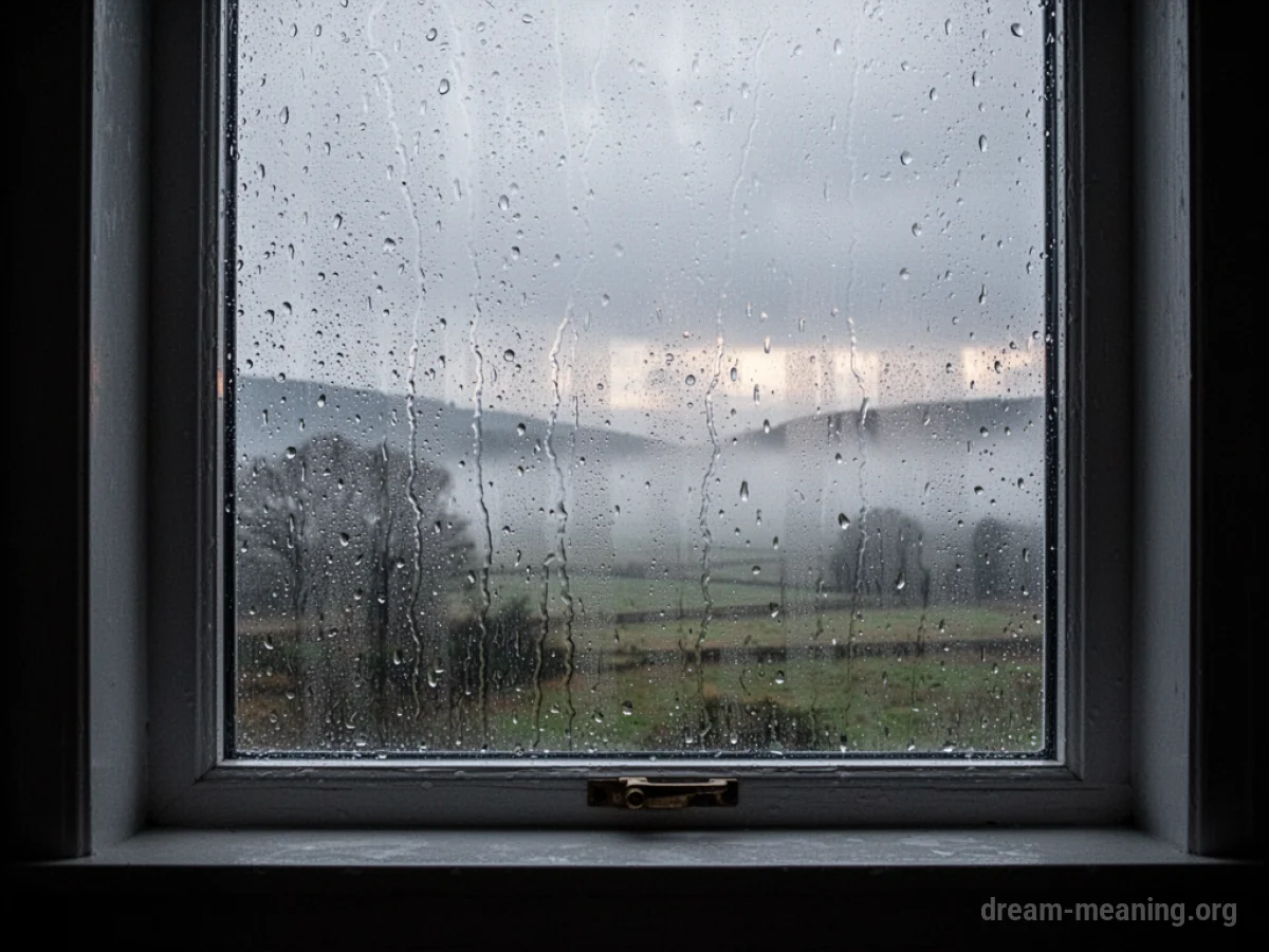 View through a window with raindrops, showing a muted outdoor scene.