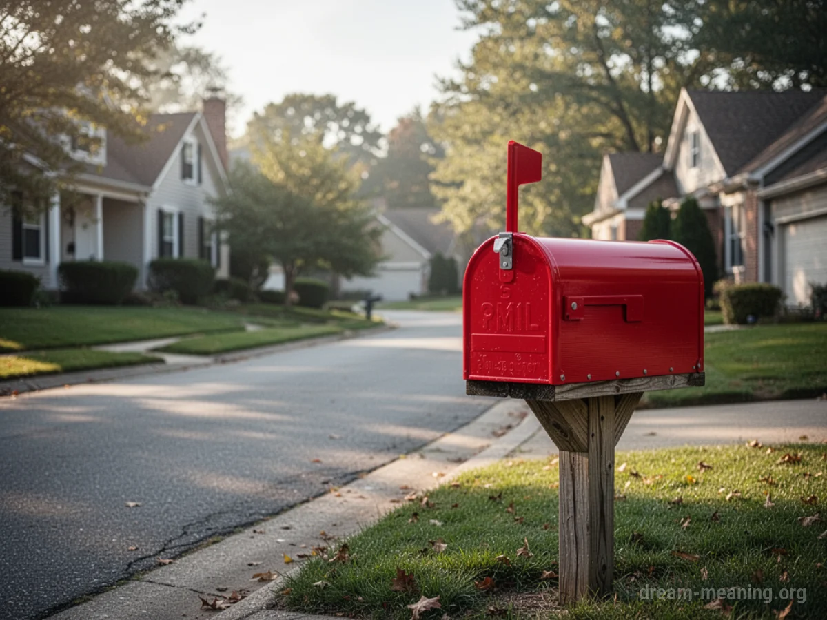 A solitary red mailbox on a suburban street.