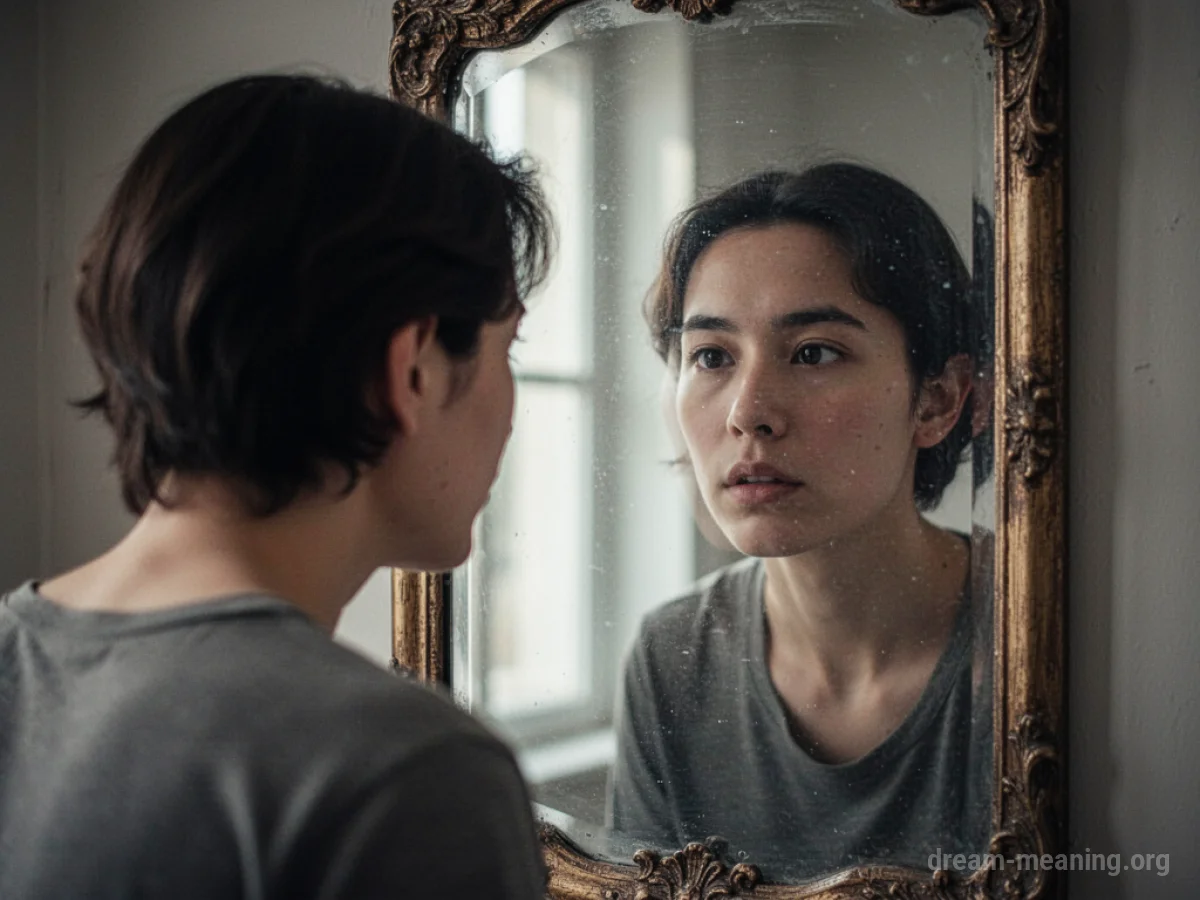 A person's face in a mirror is partially blurred and indistinct.