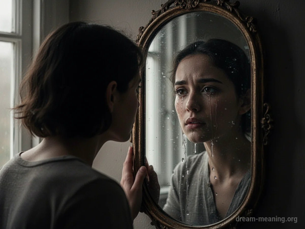 Silhouette of a person's reflection in a mirror with tears.