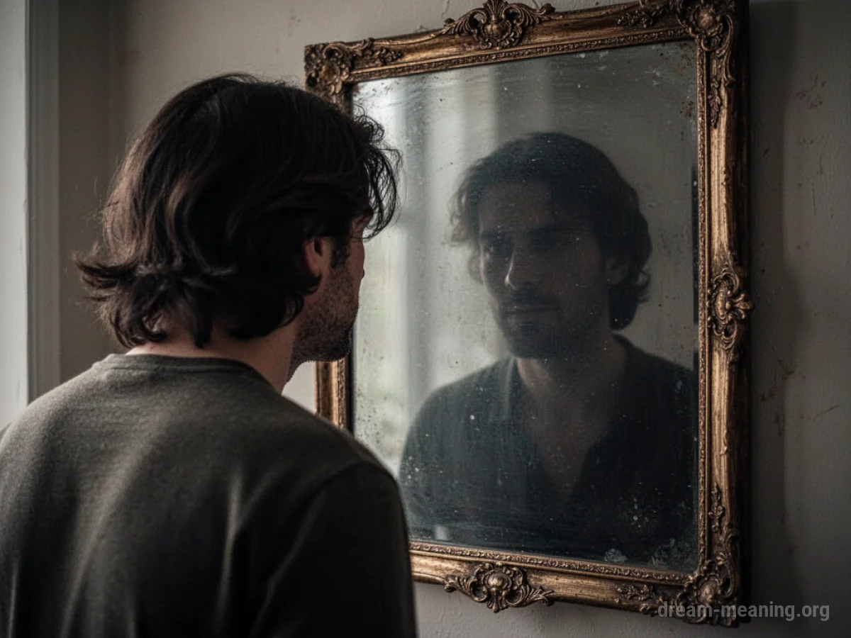 A person's shadowy reflection in a dark mirror.