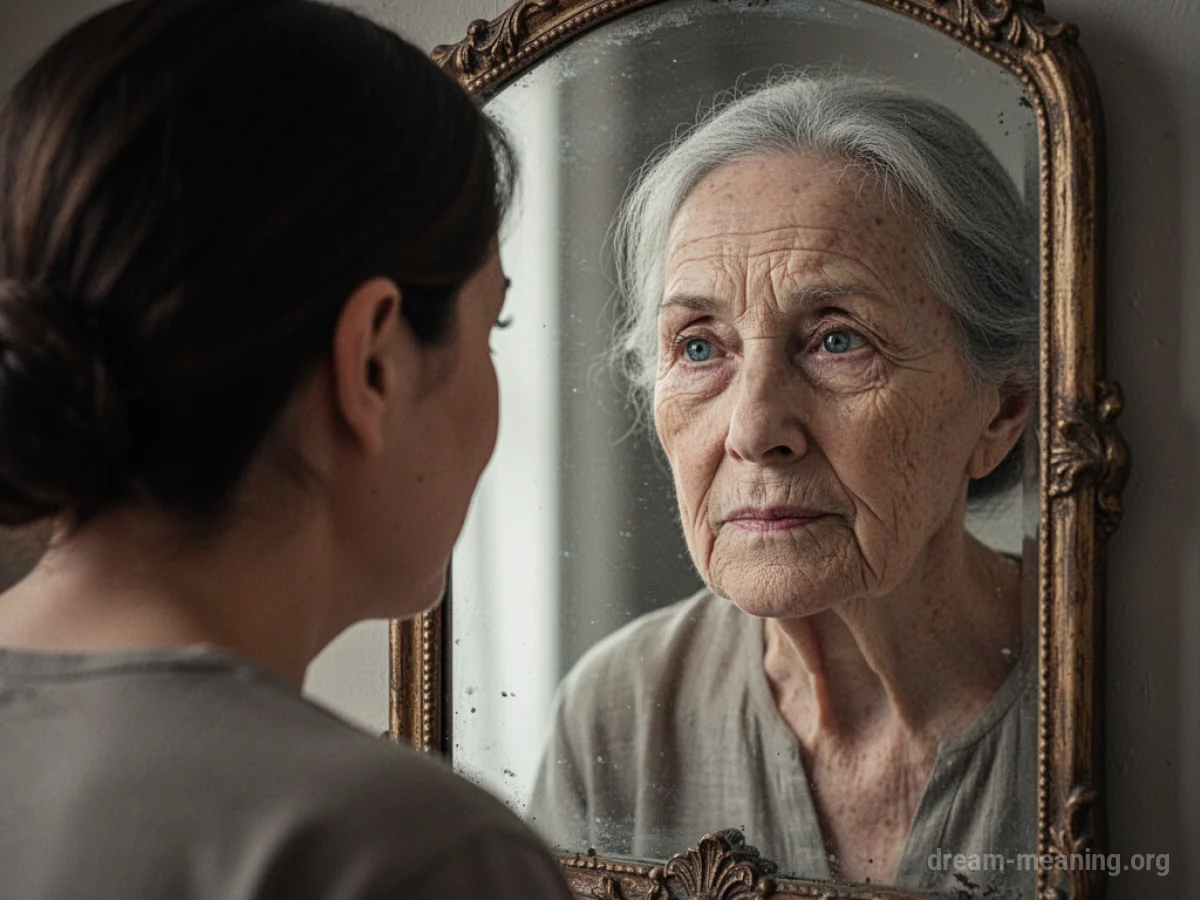 A person's reflection in a mirror appears significantly older than the person.