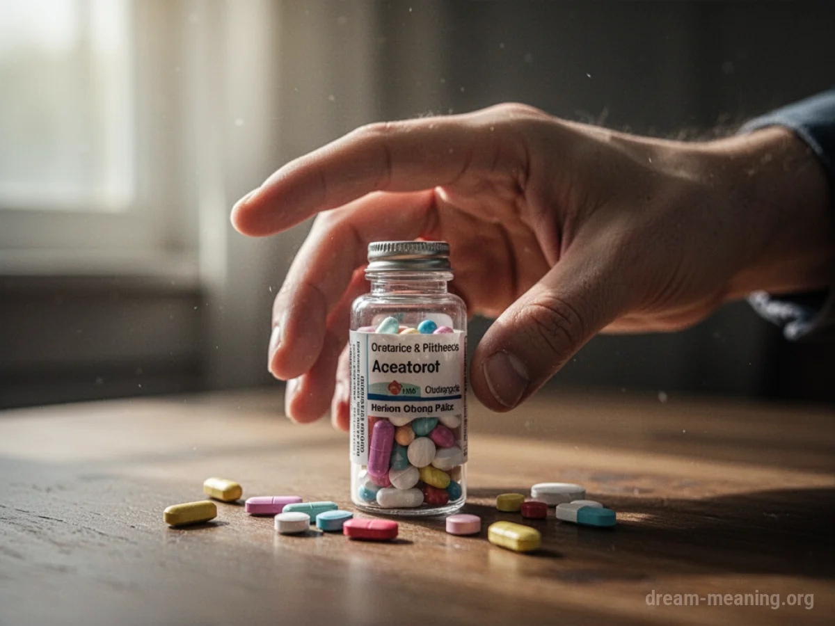 A hand gesture rejecting a bottle of medication.