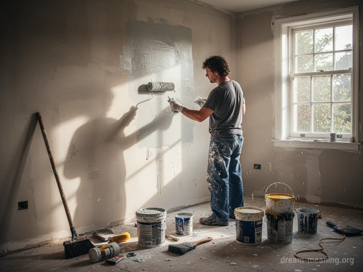 A person painting an interior wall with a roller, with painting supplies on the floor.