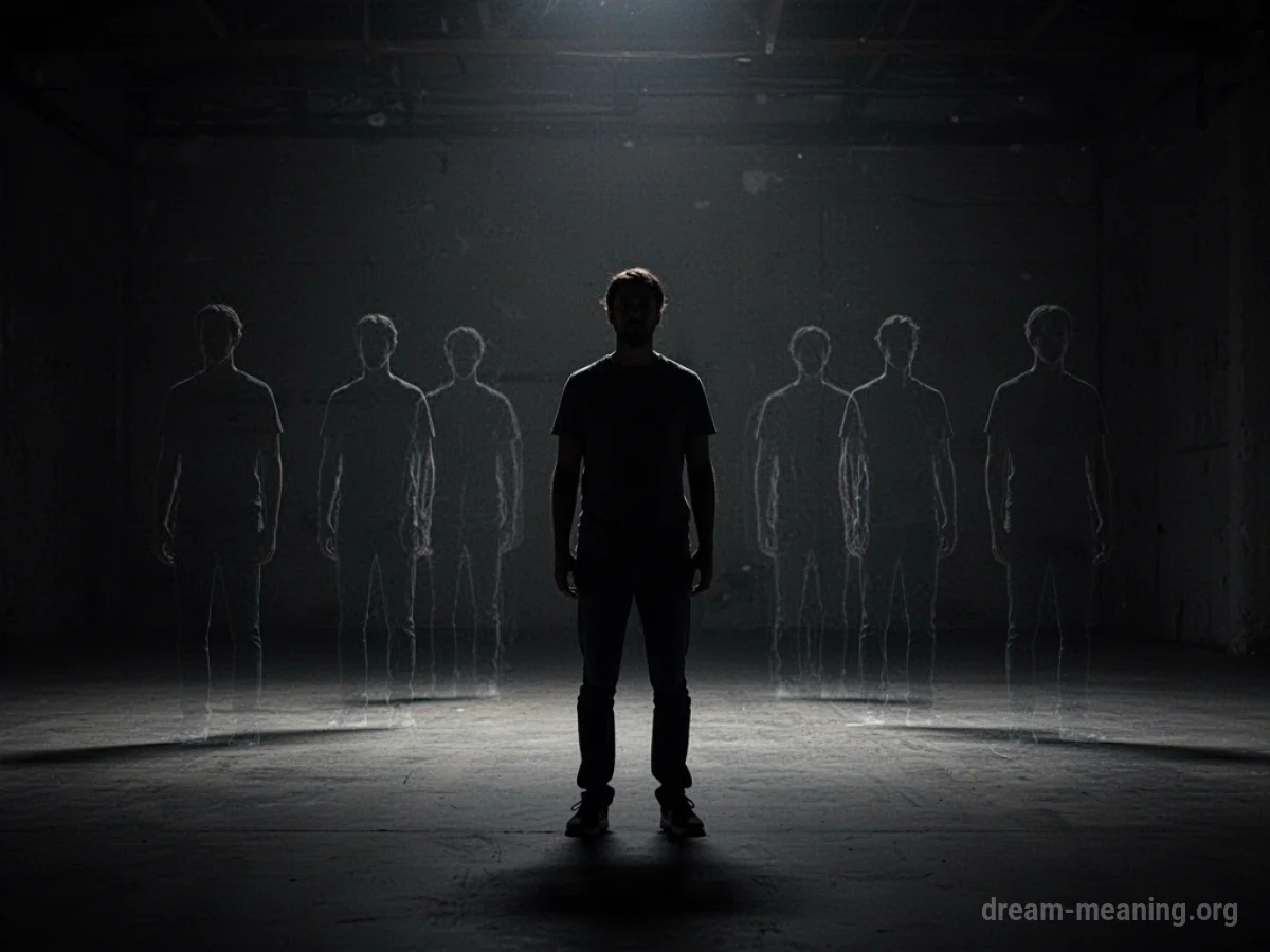 Silhouette of a person in a dark void with repeating outlines.
