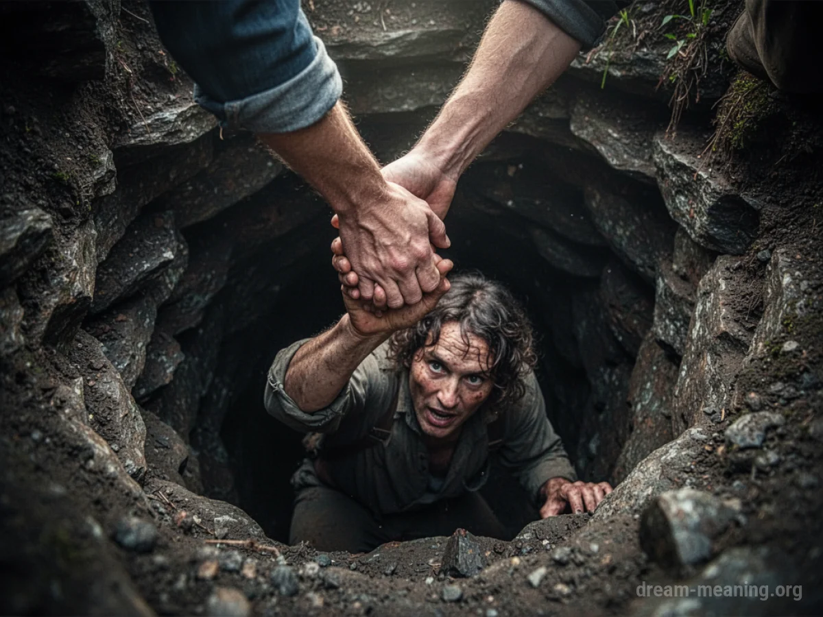 A hand reaching down into a mine shaft.