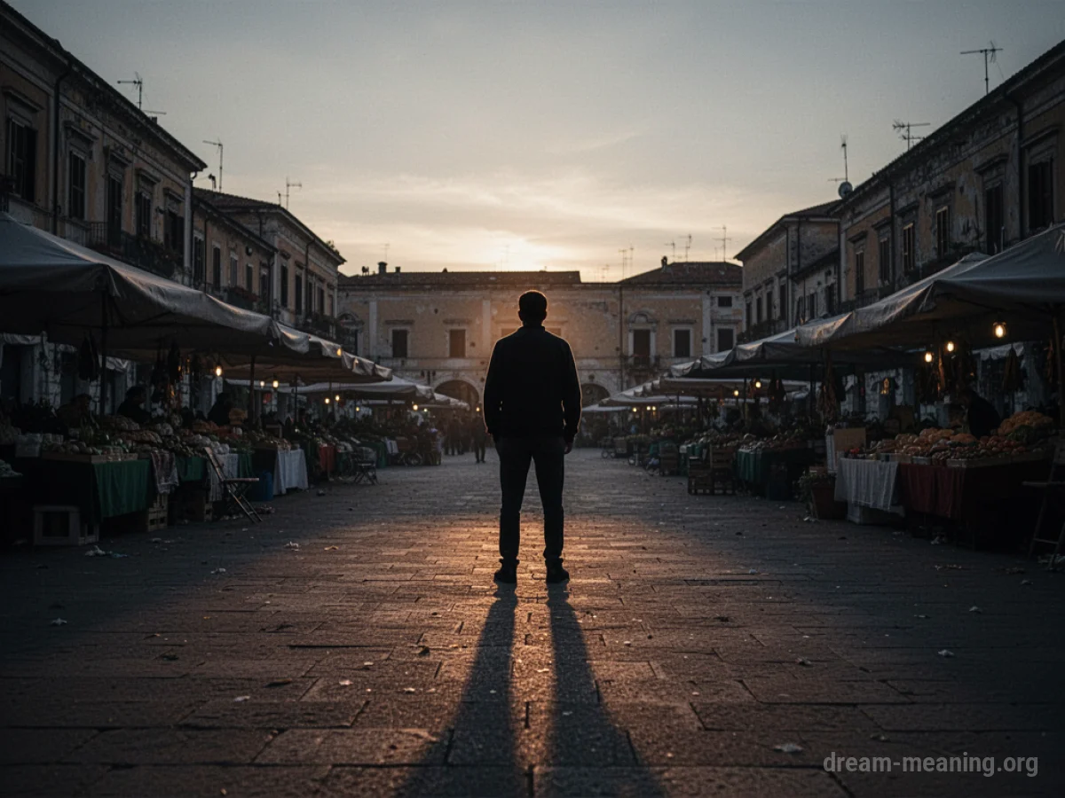 Silhouette of a person in an empty marketplace with long shadows.