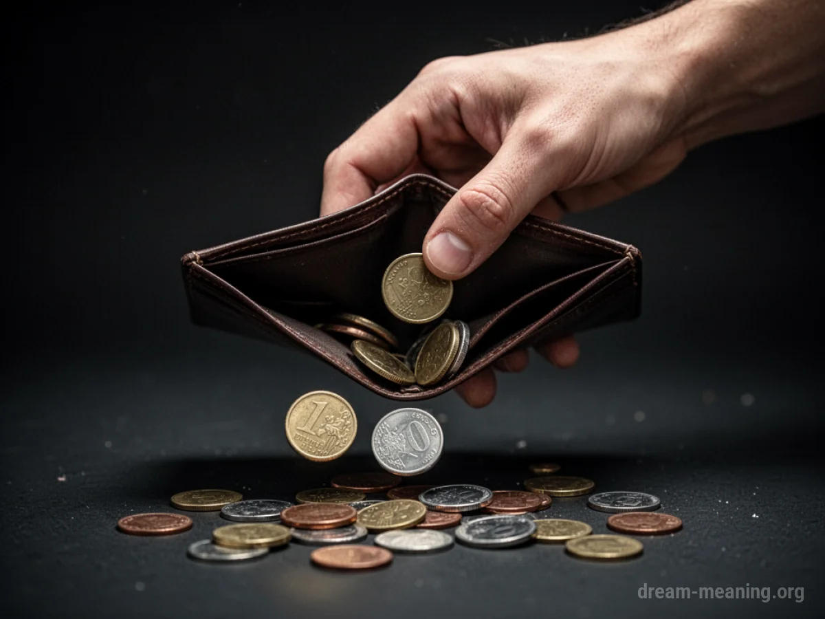 A hand taking coins from an empty wallet.