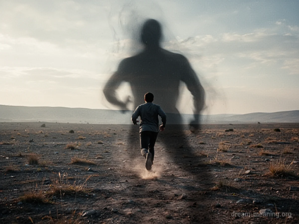 A silhouette of a person running away from a large shadow.