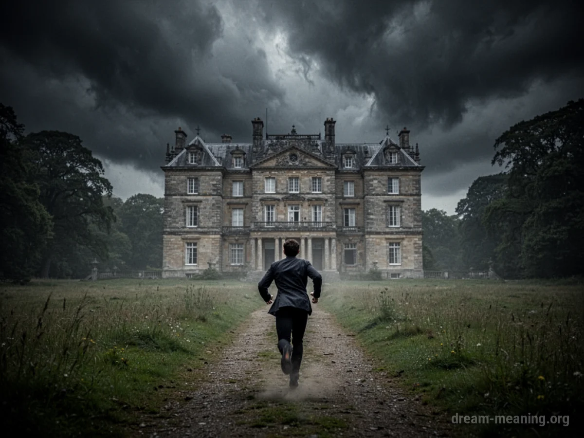 A silhouetted figure running away from a large house under a dark sky.