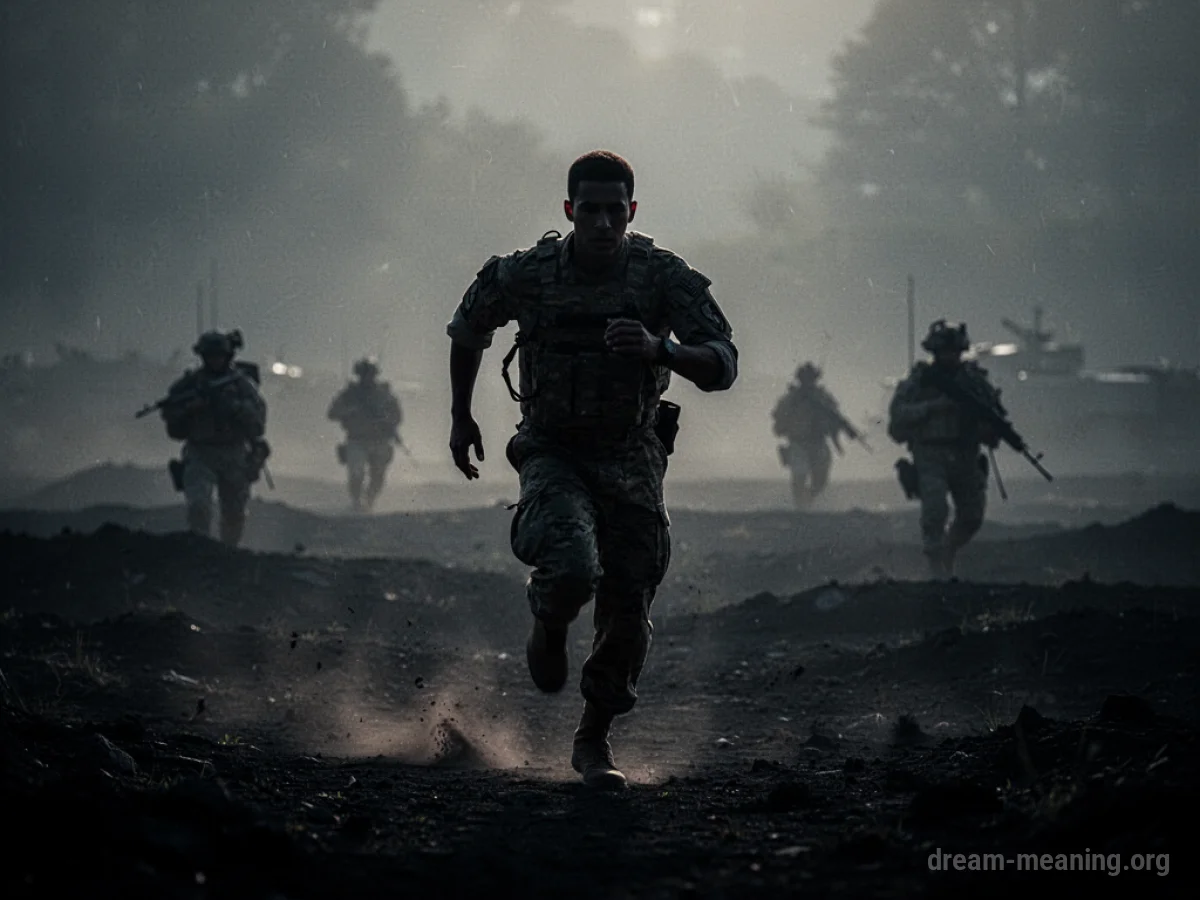 Silhouette of a person running away from shadowy figures in a desolate landscape.