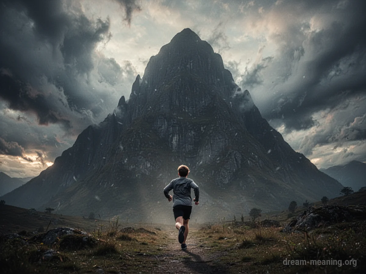 A person running away from a large mountain.