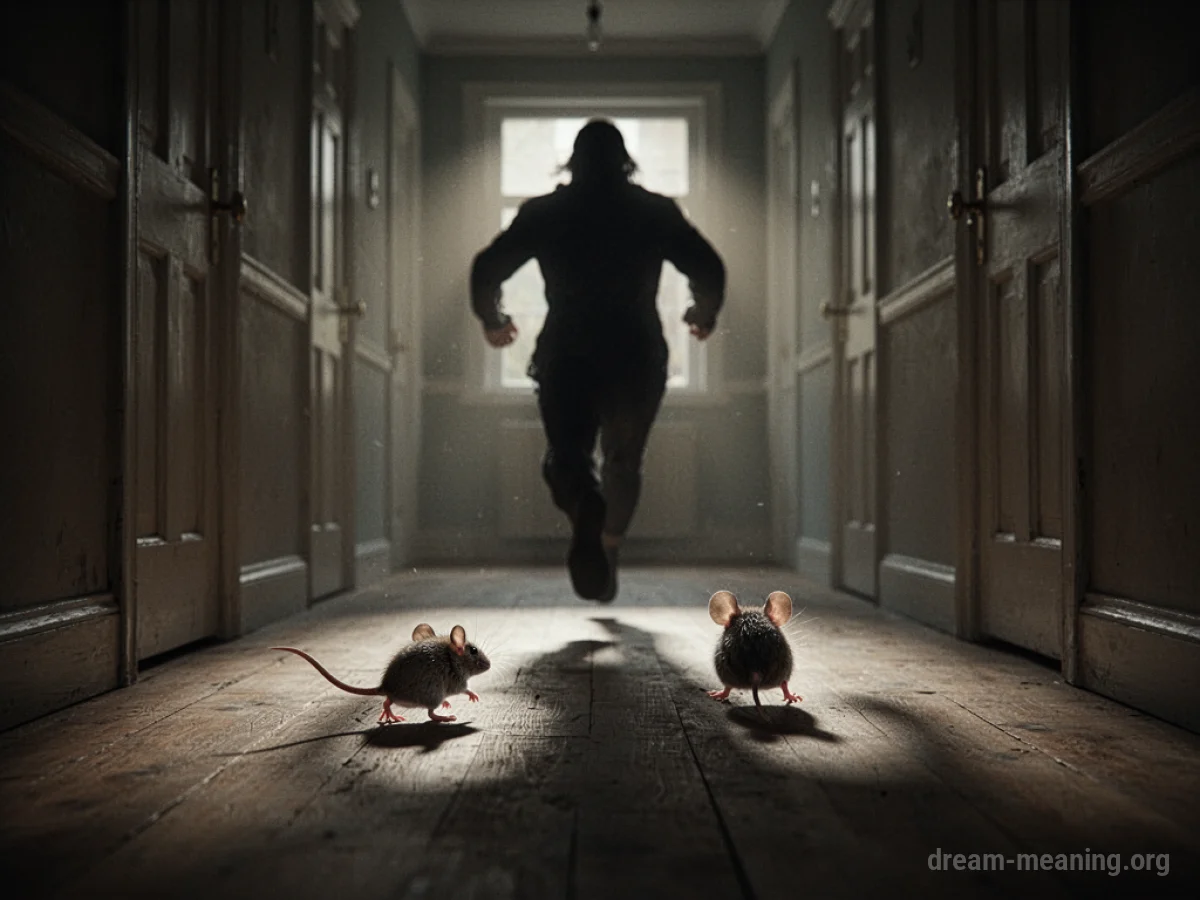 A person's silhouette running down a hallway while a small mouse is visible on the floor.