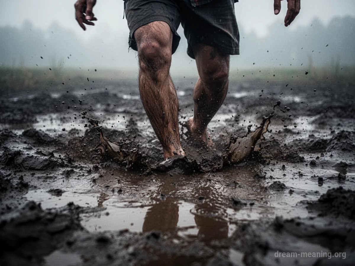 Legs sinking into dark, viscous mud.